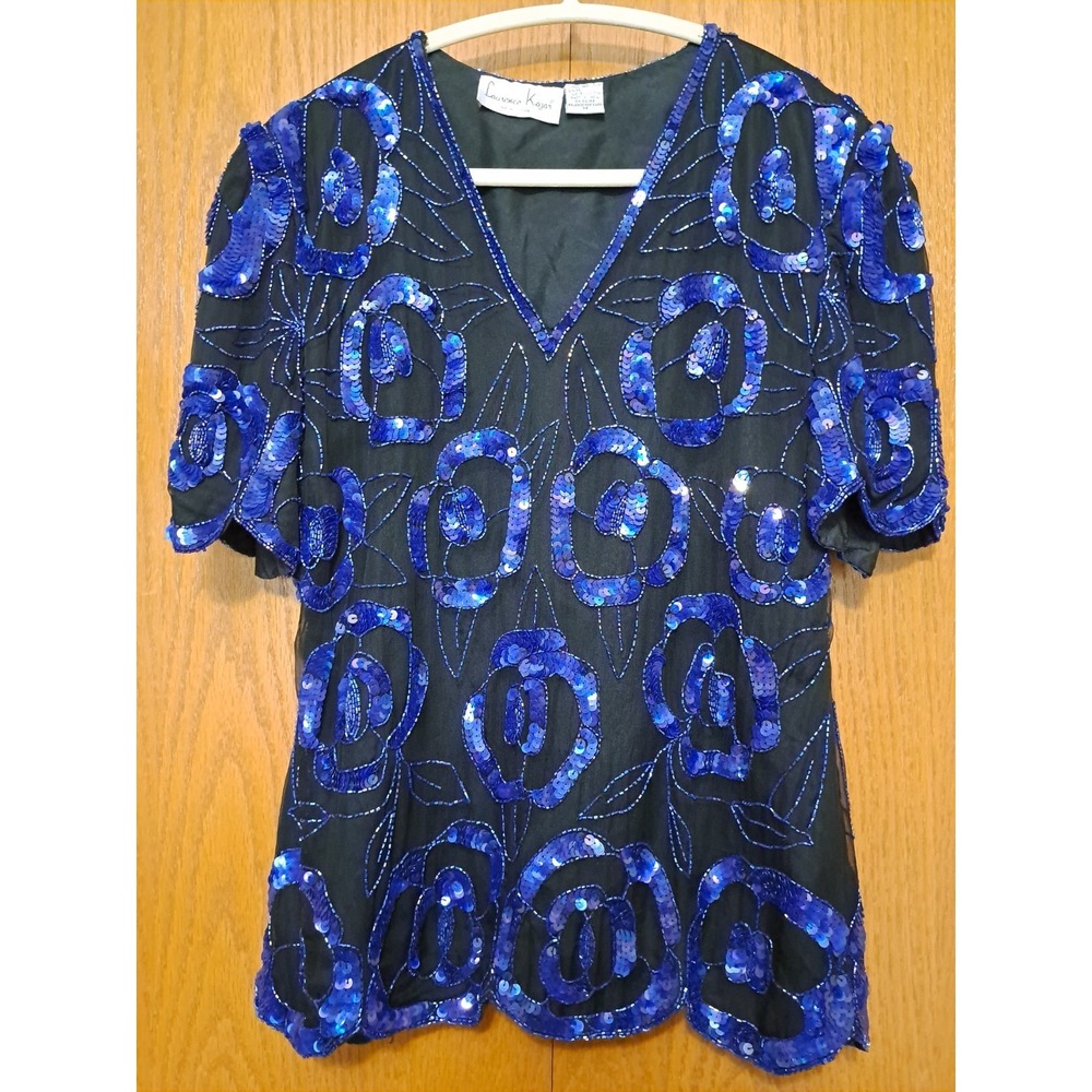 Laurence Kazar Women's Blue Beaded Lined Silk Short Sleeve Top Blouse M